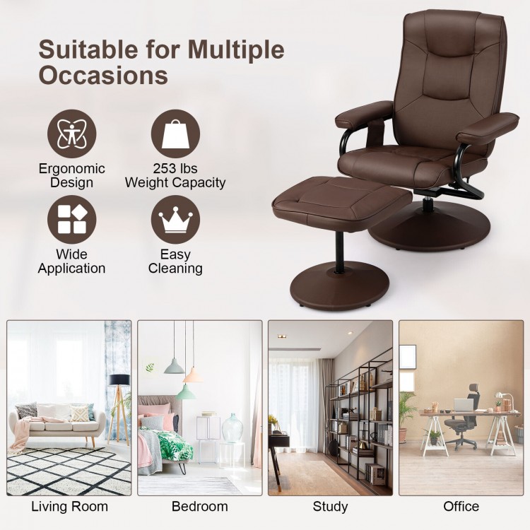 Brown 360° swivel massage recliner chair with ottoman, featuring ergonomic design and adjustable backrest for ultimate.